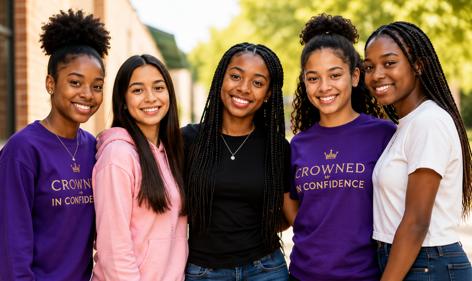 Young women studying together in a regal purple and gold setting